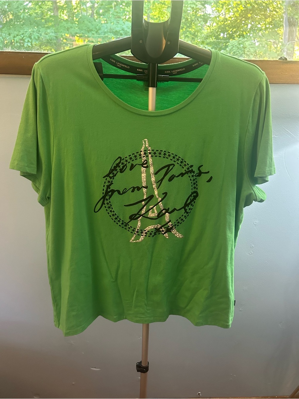 Karl Lagerfeld Paris Eiffel Tower Rhinestone Graphic T-Shirt - Green - Size XL